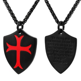 HZMAN Knights Templar Cross Joshua 1:9 Shield Stainless Steel Pendant Necklace with FREE 24 Inch Chain (Black Red)