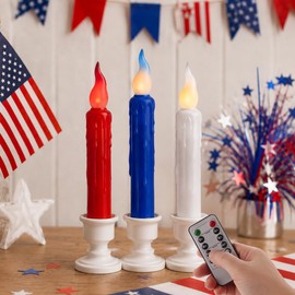 NjaoHoo Real Wax LED Flameless Short Taper Candles with Remote, 6.7 Inches 4th of July Patriotic Candlesticks Dripless Battery Operated Flame for Independence Day Home Décor, 3 Pcs