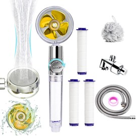 Hydro Jet High Pressure Shower Head Turbocharged Shower Head Handheld Turbo Fan Shower Kit with Replacement Hose/Bracket/Cotton Filters and Bath Loofah-Transparent Gold