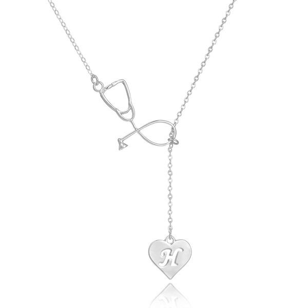 Dcfywl731 Rose Gold Silver Stethoscope Lariat Necklace,Heart and Stethoscope Pendant