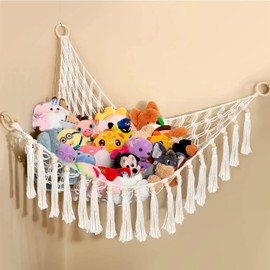 Large Stuffed Animal Toys Net,Macrame Toy Hammock,Nursery Storage & Organization Hammock,Corner Hanging Toy Storage Net with Tassel for Home or Nursery