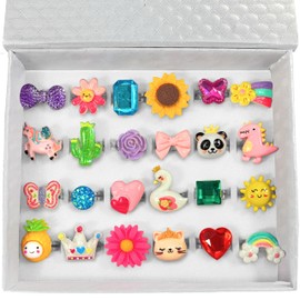 Jewel Rings for Kids, Set of 24 Adjustable Dress Up Rings for Girls, Pretend Play Jewelry for Little Girls In White Gift Box, Unique and No Duplicates - Great Birthday Gift for Girls Ages 3 4 5 6 7 8