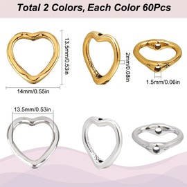 SOFPLATE 120Pcs Heart Beads Frame, Small Frame Metal Beads, Alloy Tibetan Style, Hollow Gold & Silver, Love Linking Rings, DIY Crafts