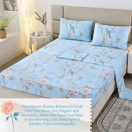 RYNGHIPY Egyptian Cotton Bed Sheet Set Blue Bird Botanical Pattern Bed Sheets Deep Pocket Fitted Sheet Tree Branches Print Bedding Soft Breathable (Light Blue,King Size)