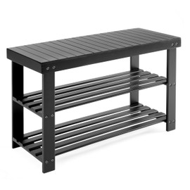 Simple Deluxe Shoe Rack Bench, 3-Tier Bamboo Storage Organizer, 286lb Capacity Entryway Bench for Front Door, Bedroom, Living Room, Bathroom, Balcony, Stylish Shoes (Black-Bench)