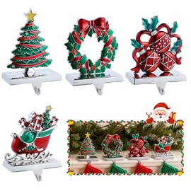Minetom Christmas Stocking Holders for Mantel, Set of 4 Wreath Sleigh Christmas Ball Christmas Tree Metal Standing Stocking Hook Red Green Resin Sturdy Stockings Hanger for Fireplace Window Decoration