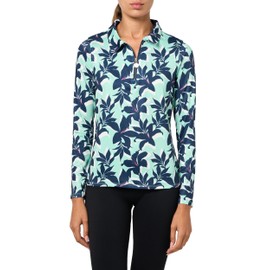 Stella Parker Women's Long Sleeve Quarter Zip Tennis-Golf Polo Top-UPF+, Quick Dry, Moisture Wicking, Teal Navy