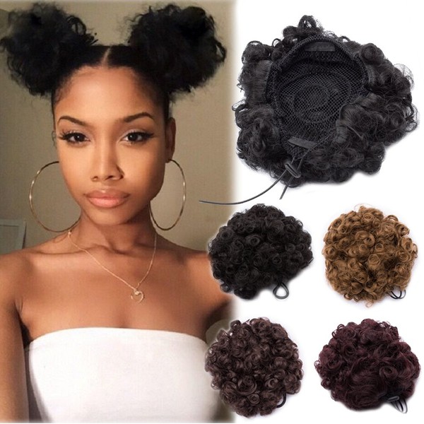 African American Kinky Curly Updo Fluffy Scrunchy Hairpiece Afro Puff Drawstring Ponytail Chignon Hair Bun Extensions with 2 Clips for Black Women-Dark Blonde, 1pc
