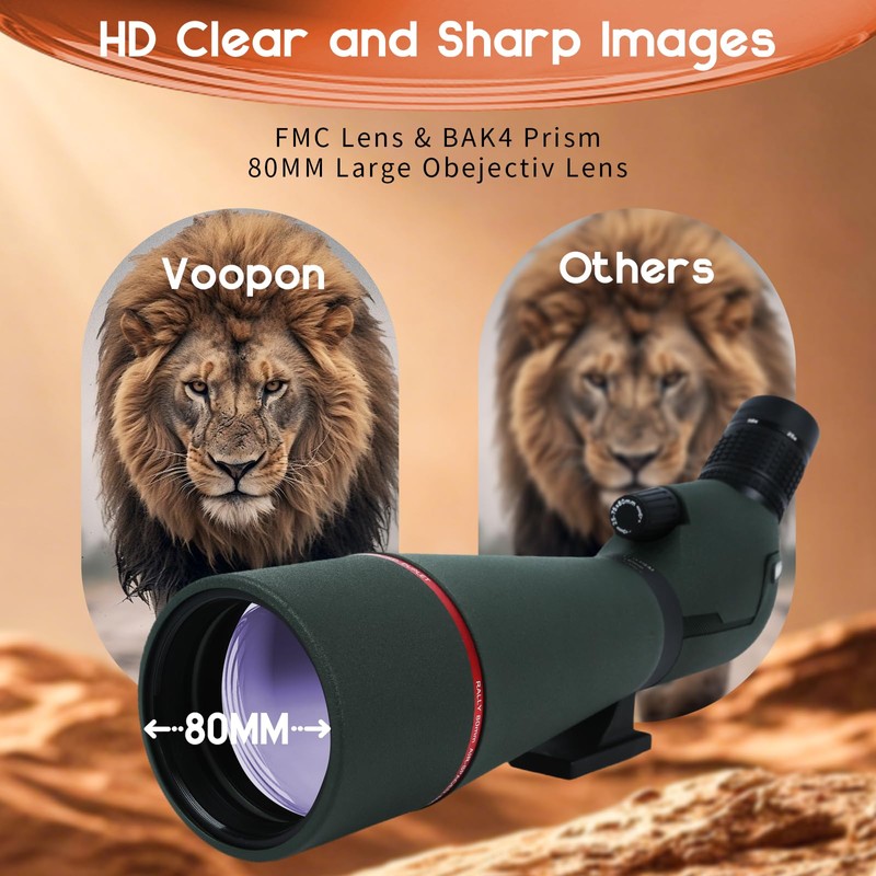 Voopon 25-75x80 HD Spotting Scope - BAK4 Prism Nitrogen-Filled with