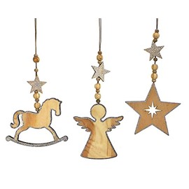 TEMPELWELT 3 x Decorative Pendant Angel Star Rocking Horse 24 cm Natural Wood Window Decoration Chain Wooden Pendant Winter Christmas