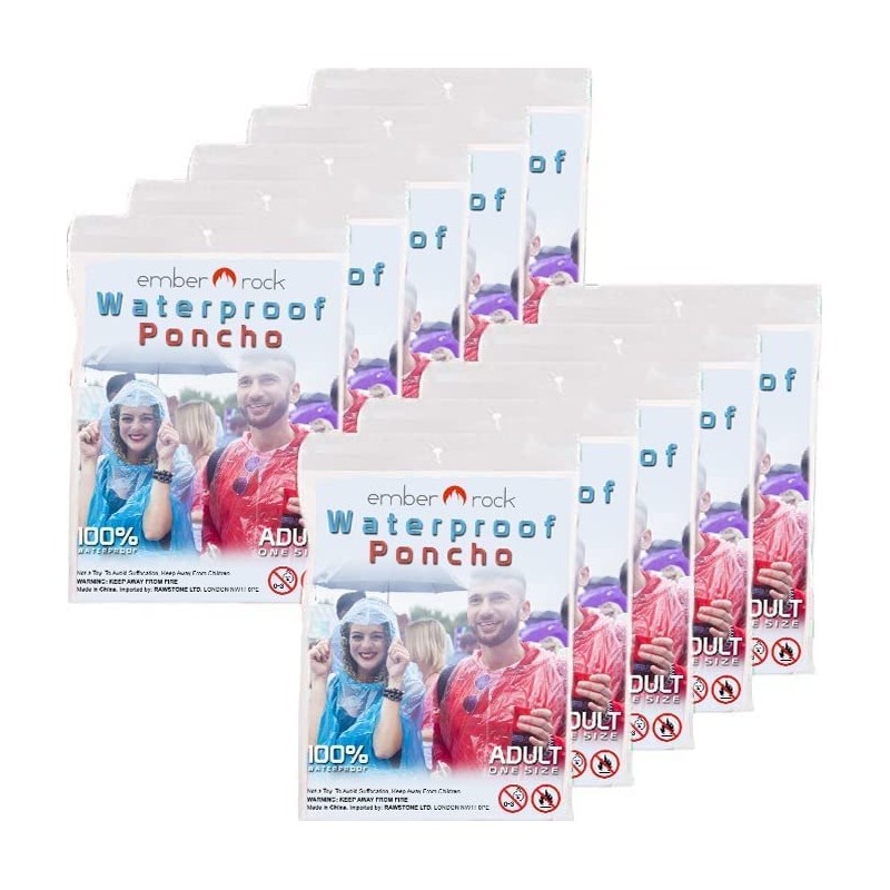 Ember Rock Disposable Rain Poncho - 12 Pack Waterproof Emergency