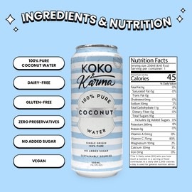 Koko & Karma Pure Coconut Water - All Natural, No Added Sugars, No Preservatives (12 Pack) (16.9 Fl Oz (Pack of 12), Pure Coconut Water)