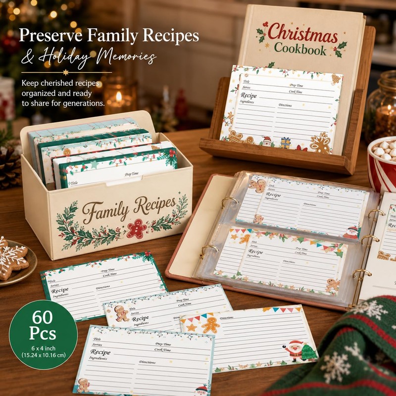 60 Pack Christmas Recipe Cards 4x6 Inch Double Sided Holiday