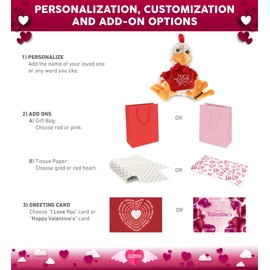DolliBu I Love You Plush Sitting Rooster - Cute Stuffed Animal with Red Shirt and with Name Personalization for Valentine, Anniversary, Romantic Date, Gift - 6.5 Inches