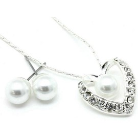White Pearl & Heart Bridal Bridesmaid Necklace Earring Set