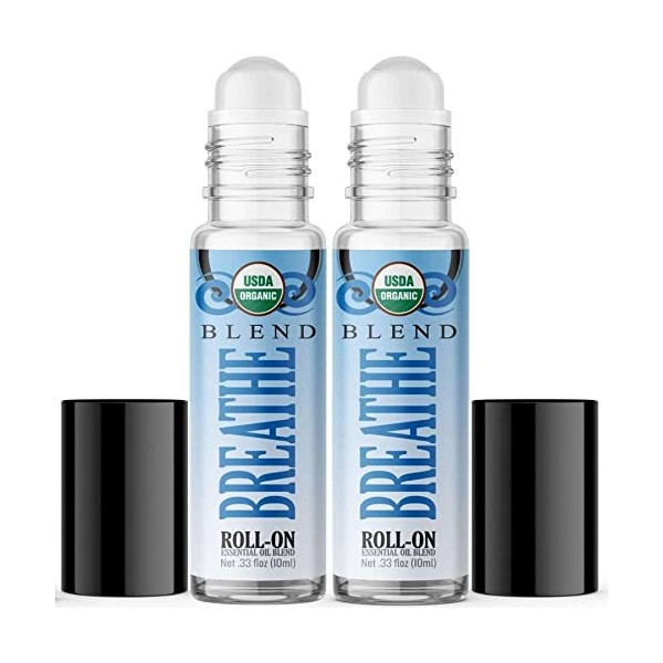 Organic Breathe Blend Roll On Essential Oil Rollerball (2 Pack - USDA Certified Organic) Pre-diluted with Glass Roller Ball for Aromatherapy, Kids, Children, Adults Topical Skin Application - 10ml
