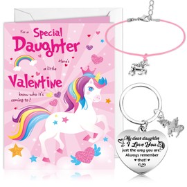 DPKOW Valentines Gifts for Her Daughter, 1 Valentines Card for Daughter + 1 Valentines Keyring for Daughter + 1 Unicorn Bracelet, Unicorn Design Birthday Gifts for Daughter Valentine's Day Gifts Her