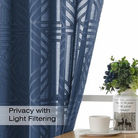 Simplebrand Navy Blue Sheer Kitchen Curtains 36 Inch Length Tier Curtains 2 Panels, Light Filtering Geometric Jacquard Clip Textured Semi Sheer Curtains Short Window Curtains for Bathroom, 42x36 inch
