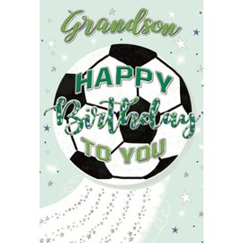 Grandson Birthday Card - Green Background with Football Silver Foil 7.75x5.25