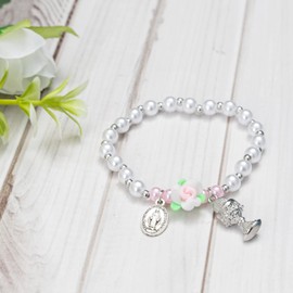 First Communion Gifts, Rose Stretch Bracelet, Presents for Baptism/Confirmation/Christening/Religious, Charms Keepsake with Prayer Card and Bag, 1 inch, bead