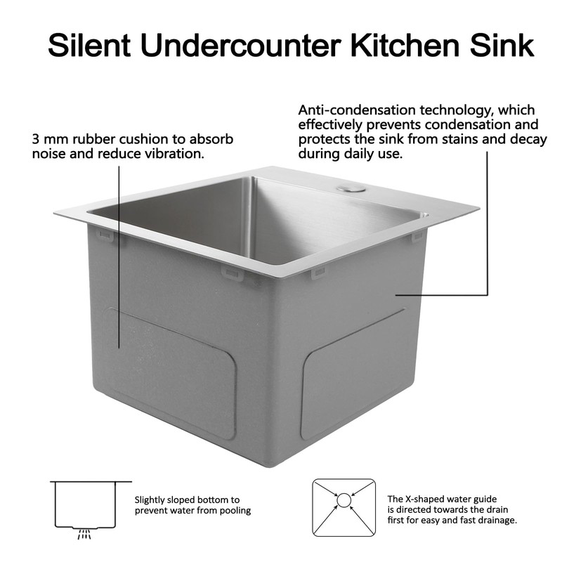 Hotis 15x15 Inch Drop In Bar Sink, Brushed Nickel Stainless