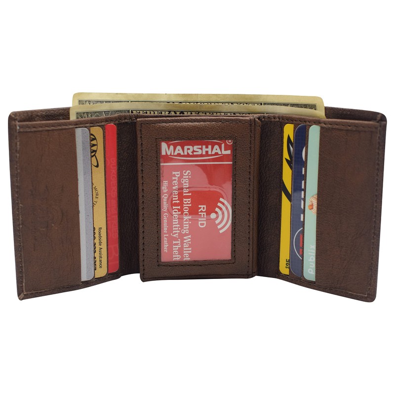MARSHAL RFID Blocking Brown Men's Wallet Premium Leather Trifold Classic