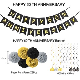 60th Anniversary Decorations Kit - Gold Glitter Happy Anniversary Banner, 9Pcs Sparkling Hanging Swirl, 6Pcs Poms - For 60th Wedding Party Decorations
