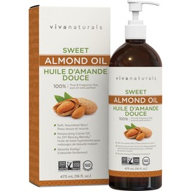 Viva Naturals Viva Naturals Sweet Almond Oil - 100% Pure Hair and Skin Softener, Non-Greasy Massage Oil, Carrier Oil for Essential Oils, Expeller-Pressed Almond Oil for Hair and Body, Non-GMO, 16 fl oz
