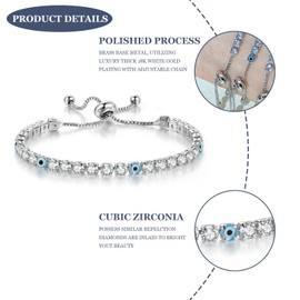 Sliver Bracelets for Women, Dainty Evil Eye Bracelets Adjustable Lucky Amulet Chain Bracelet Sparkly Rhinestone Tennis Bracelet Protection Jewelry Gifts for Her Mom Wife Friend, Light Blue