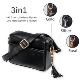 Salilena® Handtasche Damen schwarz (3in1), inkl. auswechselbarer Schultergurte und Metallösen (gold, silber, roségold), Umhängetasche Damen