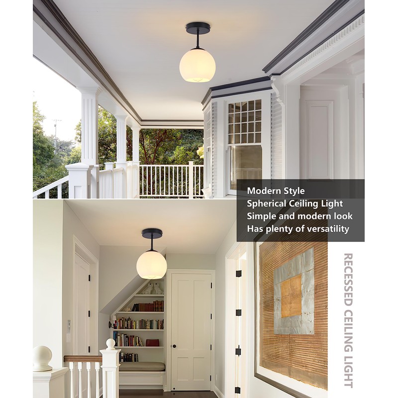 Bagood Black Semi Flush Mount Ceiling Light Fixture Milk Glass