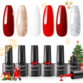 Gellen Red Gel Nail Polish, 6 Colors Christmas Red Burgundy Glitter Gel Polish Set Snow White Gold Silver Sparkle Nail Gel Kit Soak Off Uv Nail Lamp Gel Polish Holiday Nail Art Home Diy Manicure