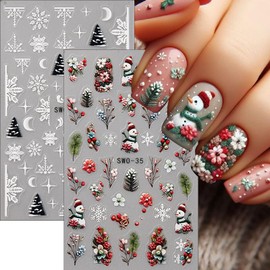 2PCS Christmas Nail Art Stickers 5D Self-Adhesive Embossed Snowflakes Nail Decals Cute Santa Claus Snowmen Pegatinas Uñas Xmas Tree Flower Designs Supplies Winter Stickers for Women Nail Decorations