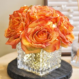 YSZL Artificial Rose in Glass Vase Vintage Silk Flower Arrangement with LED Light for Table Centerpiece Home Wedding Decoration (Orange)