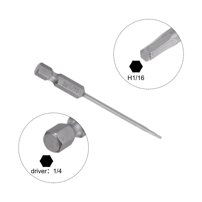 HARFINGTON 1/16" Hex Screwdriver Bit SAE 1/4" Hex Shank 3"