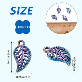 COGCHARGER 40 Pieces Leaf Charms Pendant Rainbow Color Alloy Charms Filigree Leaf Charms Pendant for Jewelry Necklace Earring Making Crafts