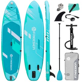 Freesea Stand Up Inflatable Paddleboard with Premium SUP Paddleboard Accessories, 11' Green Paddleboard, Modern Graphic Design, Wide, Stable, Non-Slip Comfort Deck for Youth & Adult