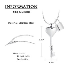 constantlife Cremation Jewelry for Ashes Love Heart Key & Lock Stainless Steel Pendant Memorial Urn Necklace Human Pets Funeral Keepsake for Women Men (Silver)