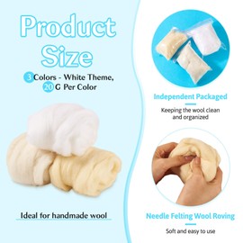 Boutigem 60G 3 Colors White Needle Felting Wool, Soft Chunky White Wool Roving for Needle Felting, Spinning Fibre Wool Roving for Beginners DIY Wool Painting Animal Crafts Supplies Material