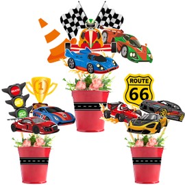 32pcs Race Car Centerpieces Sticks Racing Party Centerpieces Decorations Checkered Party Table Toppers for Racing Car Theme Birthday Party Baby Shower Supplies