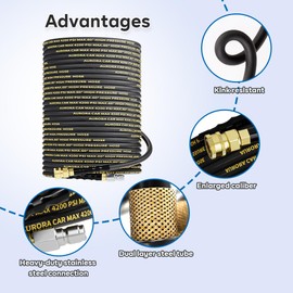 AURORA CAR Pressure Washer Hose 100FT with 3/8 Inch Quick Connect, Kink Resistant High Tensile Wire Braided, with 2 pcs M22 14mm Adapter Set, 4200 PSI Power Washer Hose