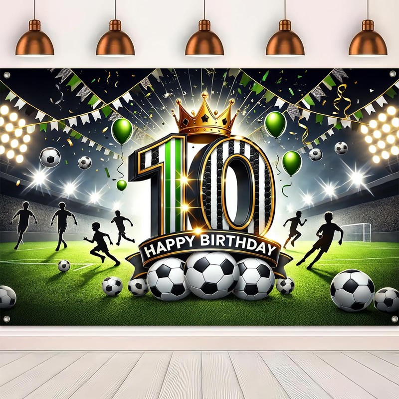 BlissYard 10th Birthday Banner 84x60 Inch Soccer Themed Backdrop