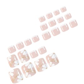 BABALAL Press on Toenails Short Square Toe Nail Press ons White French Tip Fake Toe Nails with Glitter Bling Flower Designs Summer Toenail Press ons Cute False Toenails Stick on Toenails for Women