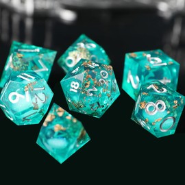 Liquid Core DND Dice Set 7pcs, Resin Sharp Edged Polyhedral Dice for Dungeons and Dragons, Handmade RPG D20 D12 D10 D8 D6 D4 Dice, Gold Foil Themed D&D Dice Role Playing Dice