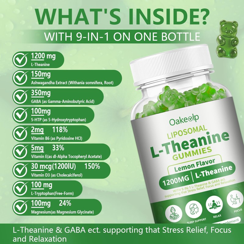 Oakevlp Liposomal L-Theanine 1200mg Gummies,Complex Magnesium GABA,5-HTP,Ashwagandha etc for Calm,