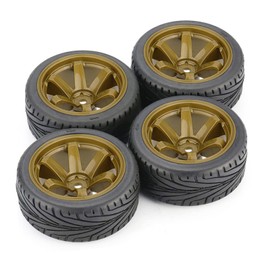 WONFAST 4PCS RC Car Rubber Tires and Plastic Wheels Rims Compatible with 1/10 Scale On Road Touring Racing Flat Drift Car for HSP HPI Tamiya(Gold)
