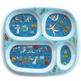 Tyrrell Katz Toddler Divider Plate in Blue with 4 Sections and Space Design - Dishwasher Safe Melamine Kids Compartment Tray - 24 x 21 x 2 cm