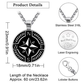 FANCIBAND Christmas Gifts For Dad Compass Silver Necklace For Men, Stainless Steel Necklace Men Grandpa/Step Dad/Papa/First Fathers Day Gift From Daughter/Son