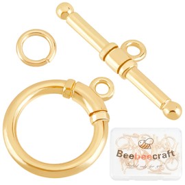 Beebeecraft 10 Sets 18K Gold Plated Toggle Jewelry Clasps Connectors Round Ring Toggle T Bar Clasps Sets for Necklace Bracelet Earring Making, 17x14mm