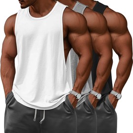 Ficerd 3 Pcs Big and Tall Men's Workout Tank Top Cotton Sleeveless Muscle Tee Gym Athletic Bodybuilding Cut Off Shirt(Black, White, Light Gray,4X-Large)